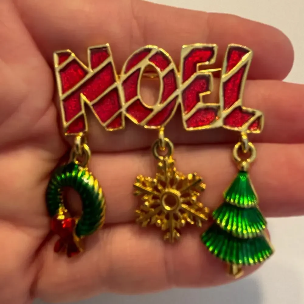 Vintage TONA brand Christmas Holiday brooch festive NOEL dangle spell out pin